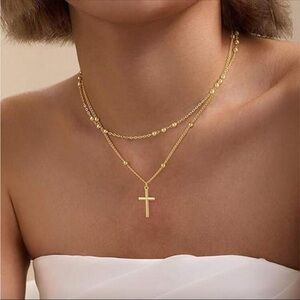 Layered gold cross necklace
